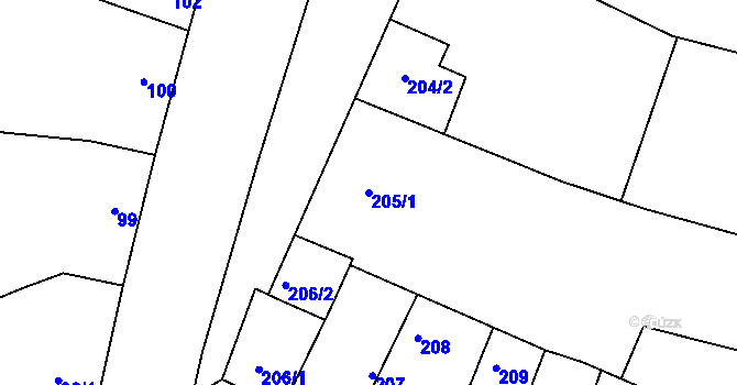 Parcela st. 205/1 v KÚ Blažovice, Katastrální mapa