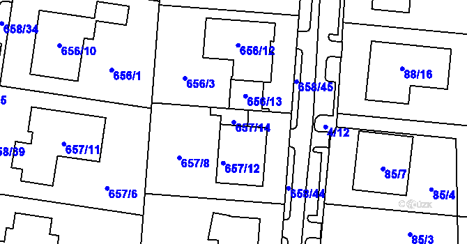 Parcela st. 657/14 v KÚ Blažovice, Katastrální mapa