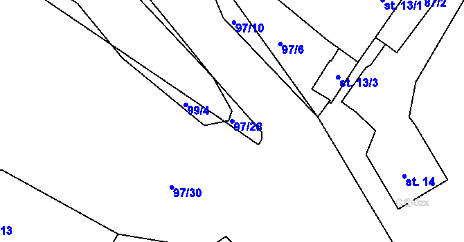 Parcela st. 97/28 v KÚ Blešno, Katastrální mapa