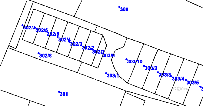 Parcela st. 303/9 v KÚ Blíževedly, Katastrální mapa