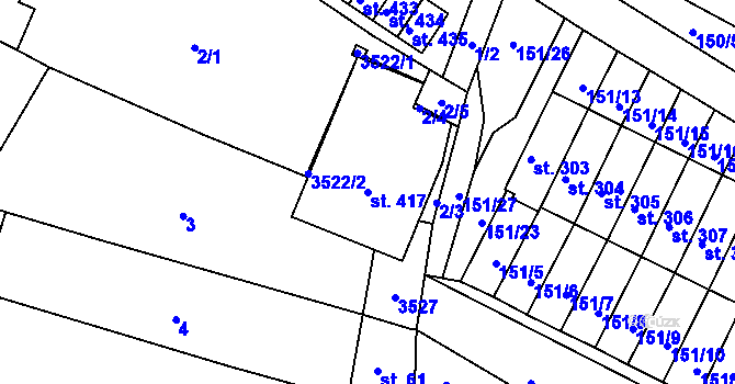 Parcela st. 417 v KÚ Městys Blížkovice, Katastrální mapa