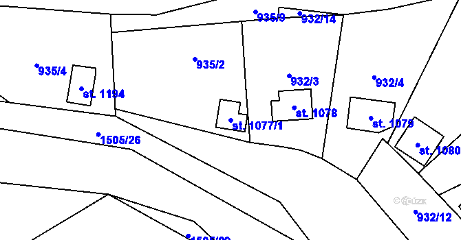 Parcela st. 1077/1 v KÚ Blovice, Katastrální mapa