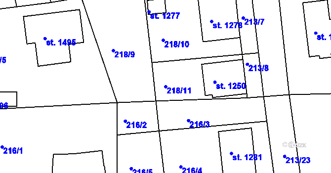 Parcela st. 218/11 v KÚ Blovice, Katastrální mapa