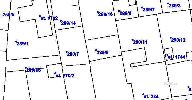 Parcela st. 289/9 v KÚ Blovice, Katastrální mapa