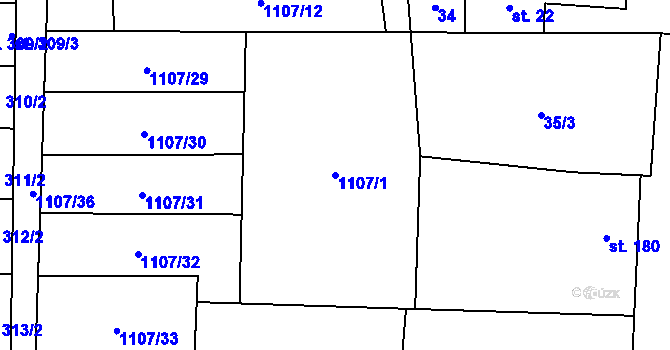 Parcela st. 1107/1 v KÚ Blšany, Katastrální mapa