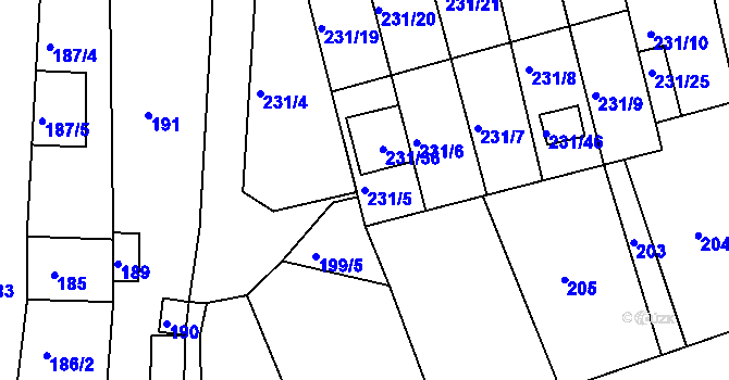 Parcela st. 231/5 v KÚ Blučina, Katastrální mapa