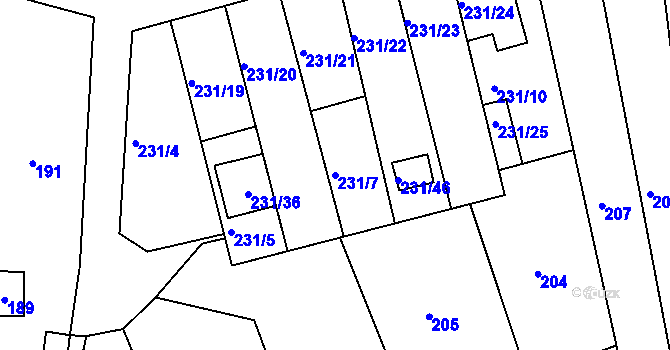 Parcela st. 231/7 v KÚ Blučina, Katastrální mapa