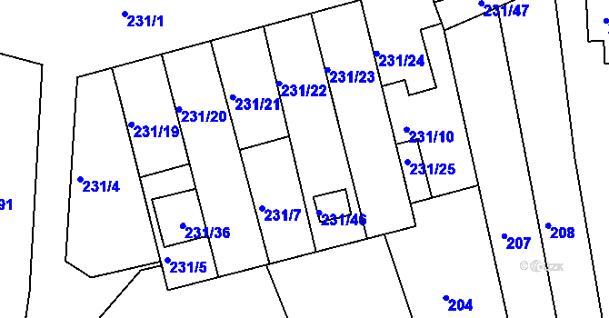 Parcela st. 231/8 v KÚ Blučina, Katastrální mapa