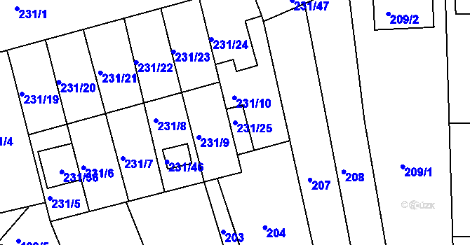 Parcela st. 231/25 v KÚ Blučina, Katastrální mapa