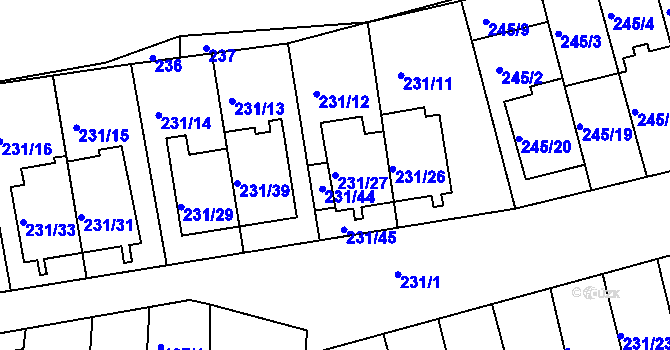 Parcela st. 231/27 v KÚ Blučina, Katastrální mapa