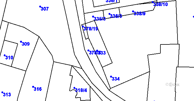 Parcela st. 333 v KÚ Blučina, Katastrální mapa