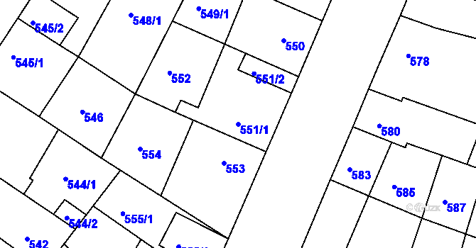 Parcela st. 551/1 v KÚ Blučina, Katastrální mapa