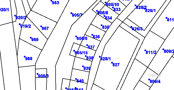 Parcela st. 837 v KÚ Blučina, Katastrální mapa