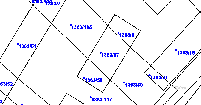 Parcela st. 1363/57 v KÚ Blučina, Katastrální mapa