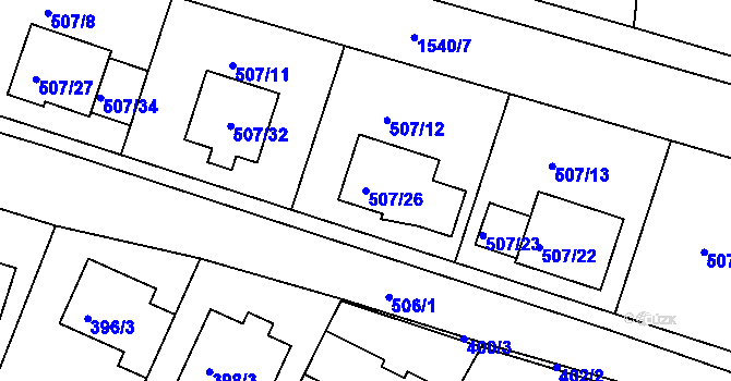 Parcela st. 507/26 v KÚ Blučina, Katastrální mapa