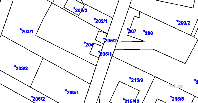 Parcela st. 205/1 v KÚ Bobrovníky, Katastrální mapa