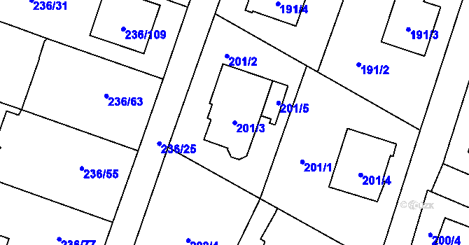 Parcela st. 201/3 v KÚ Bobrovníky, Katastrální mapa