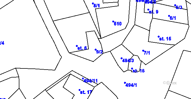 Parcela st. 9/2 v KÚ Smilov nad Ohří, Katastrální mapa
