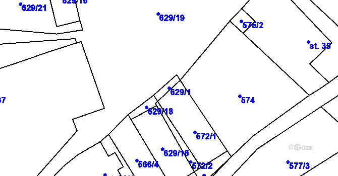 Parcela st. 629/1 v KÚ Prostřední Ves, Katastrální mapa