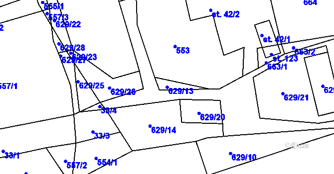 Parcela st. 629/13 v KÚ Prostřední Ves, Katastrální mapa