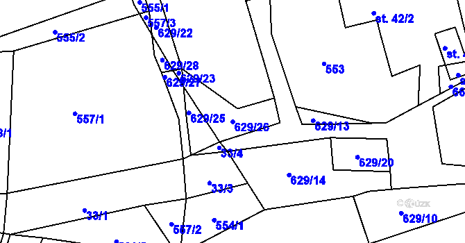 Parcela st. 629/26 v KÚ Prostřední Ves, Katastrální mapa