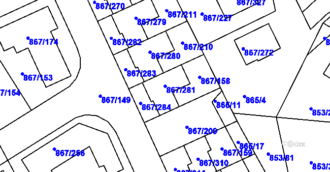 Parcela st. 867/281 v KÚ Lázně Bohdaneč, Katastrální mapa