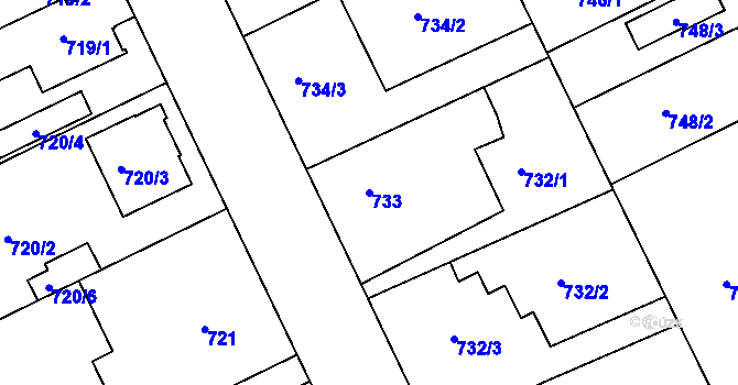 Parcela st. 733 v KÚ Lázně Bohdaneč, Katastrální mapa