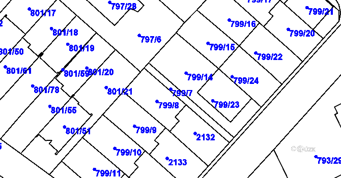 Parcela st. 799/7 v KÚ Lázně Bohdaneč, Katastrální mapa