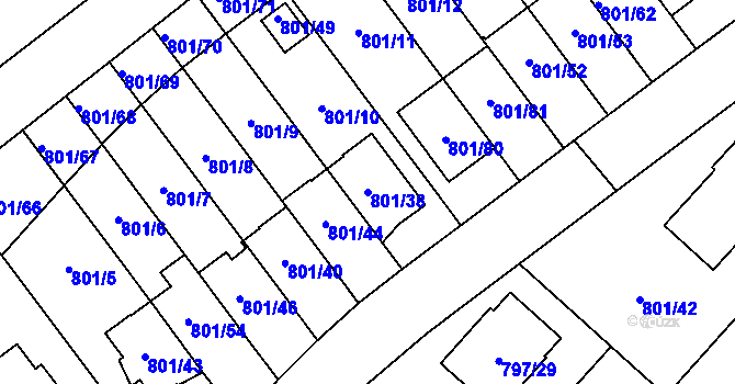 Parcela st. 801/38 v KÚ Lázně Bohdaneč, Katastrální mapa