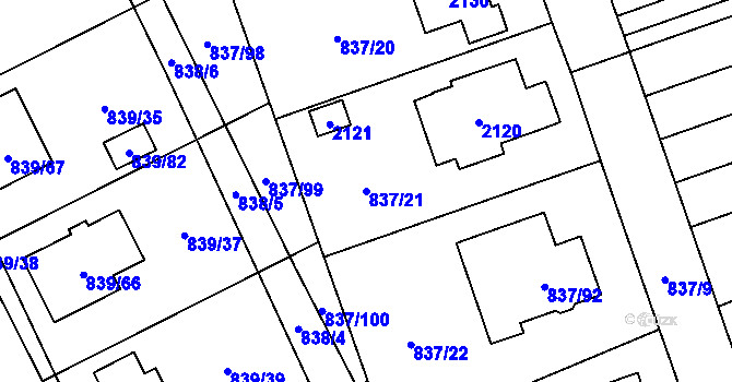 Parcela st. 837/21 v KÚ Lázně Bohdaneč, Katastrální mapa