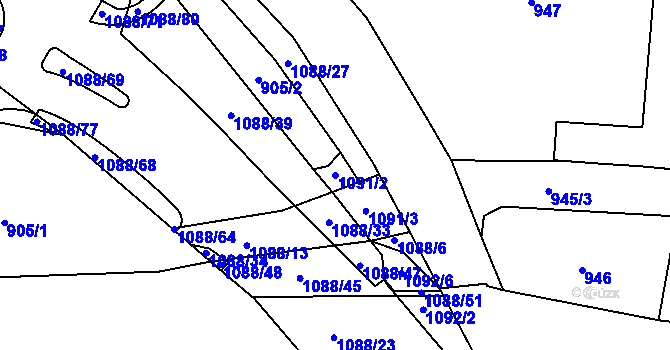 Parcela st. 1091/2 v KÚ Lázně Bohdaneč, Katastrální mapa