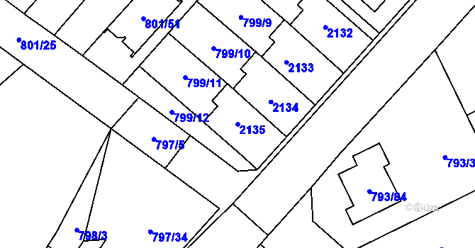 Parcela st. 2135 v KÚ Lázně Bohdaneč, Katastrální mapa