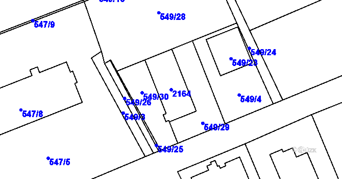 Parcela st. 2164 v KÚ Lázně Bohdaneč, Katastrální mapa
