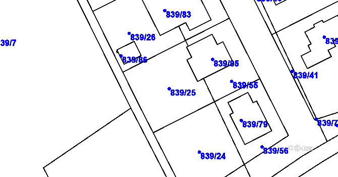 Parcela st. 839/25 v KÚ Lázně Bohdaneč, Katastrální mapa