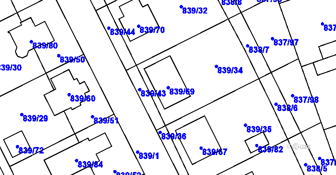 Parcela st. 839/69 v KÚ Lázně Bohdaneč, Katastrální mapa