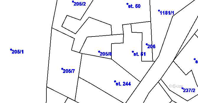 Parcela st. 205/8 v KÚ Dolní Bohdíkov, Katastrální mapa