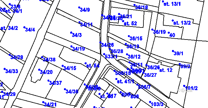 Parcela st. 533/1 v KÚ Bohumileč, Katastrální mapa
