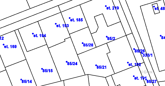 Parcela st. 85/28 v KÚ Bohuňovice, Katastrální mapa