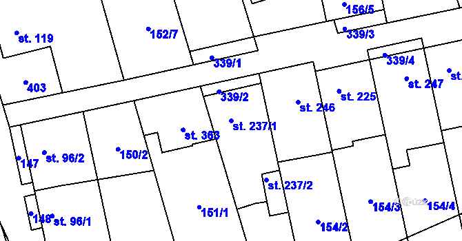 Parcela st. 237/1 v KÚ Bohuňovice, Katastrální mapa