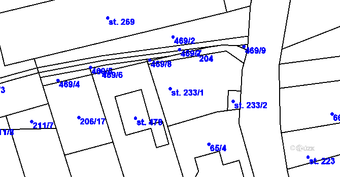 Parcela st. 233/1 v KÚ Bohuňovice, Katastrální mapa