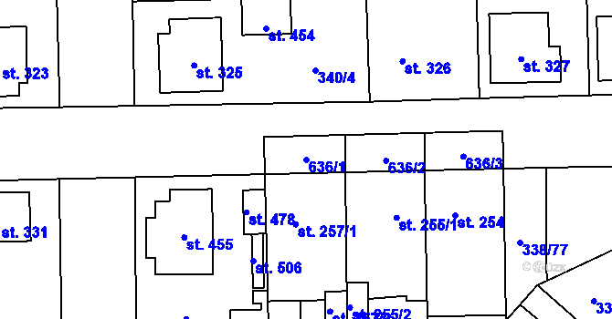Parcela st. 636/1 v KÚ Bohušovice nad Ohří, Katastrální mapa