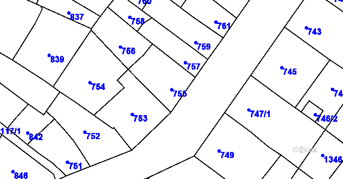 Parcela st. 755 v KÚ Bochoř, Katastrální mapa