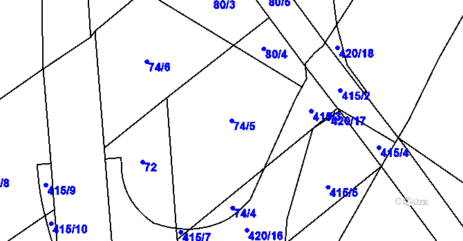 Parcela st. 74/5 v KÚ Věžky u Přerova, Katastrální mapa