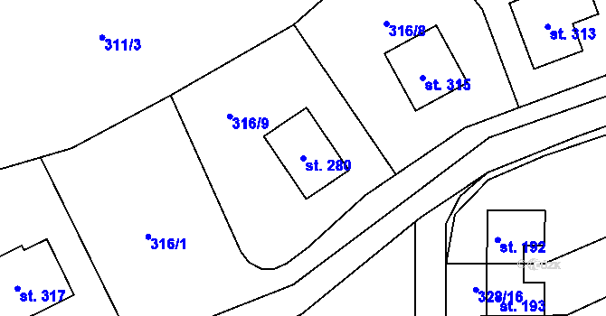 Parcela st. 280 v KÚ Bojanov, Katastrální mapa