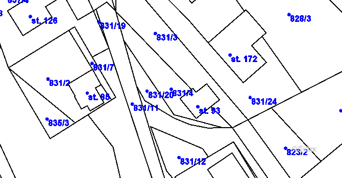 Parcela st. 831/4 v KÚ Kouty u Bojiště, Katastrální mapa