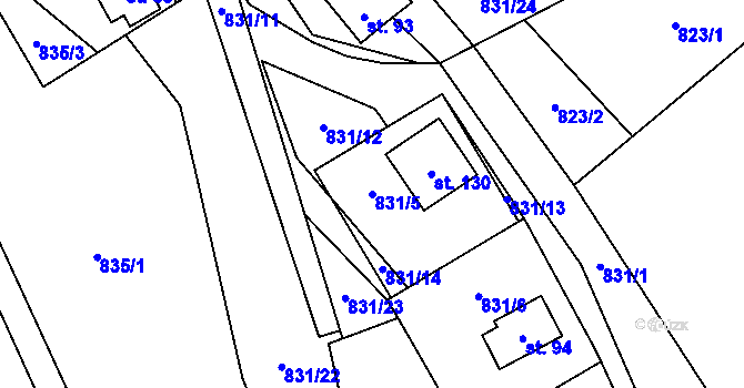 Parcela st. 831/5 v KÚ Kouty u Bojiště, Katastrální mapa