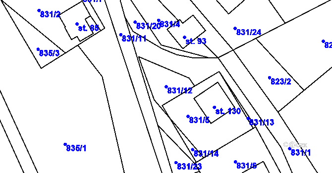 Parcela st. 831/12 v KÚ Kouty u Bojiště, Katastrální mapa