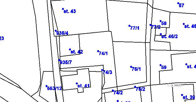 Parcela st. 74/1 v KÚ Boleboř, Katastrální mapa