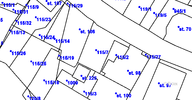 Parcela st. 115/7 v KÚ Boleboř, Katastrální mapa