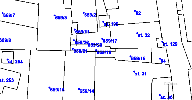 Parcela st. 659/19 v KÚ Boleboř, Katastrální mapa